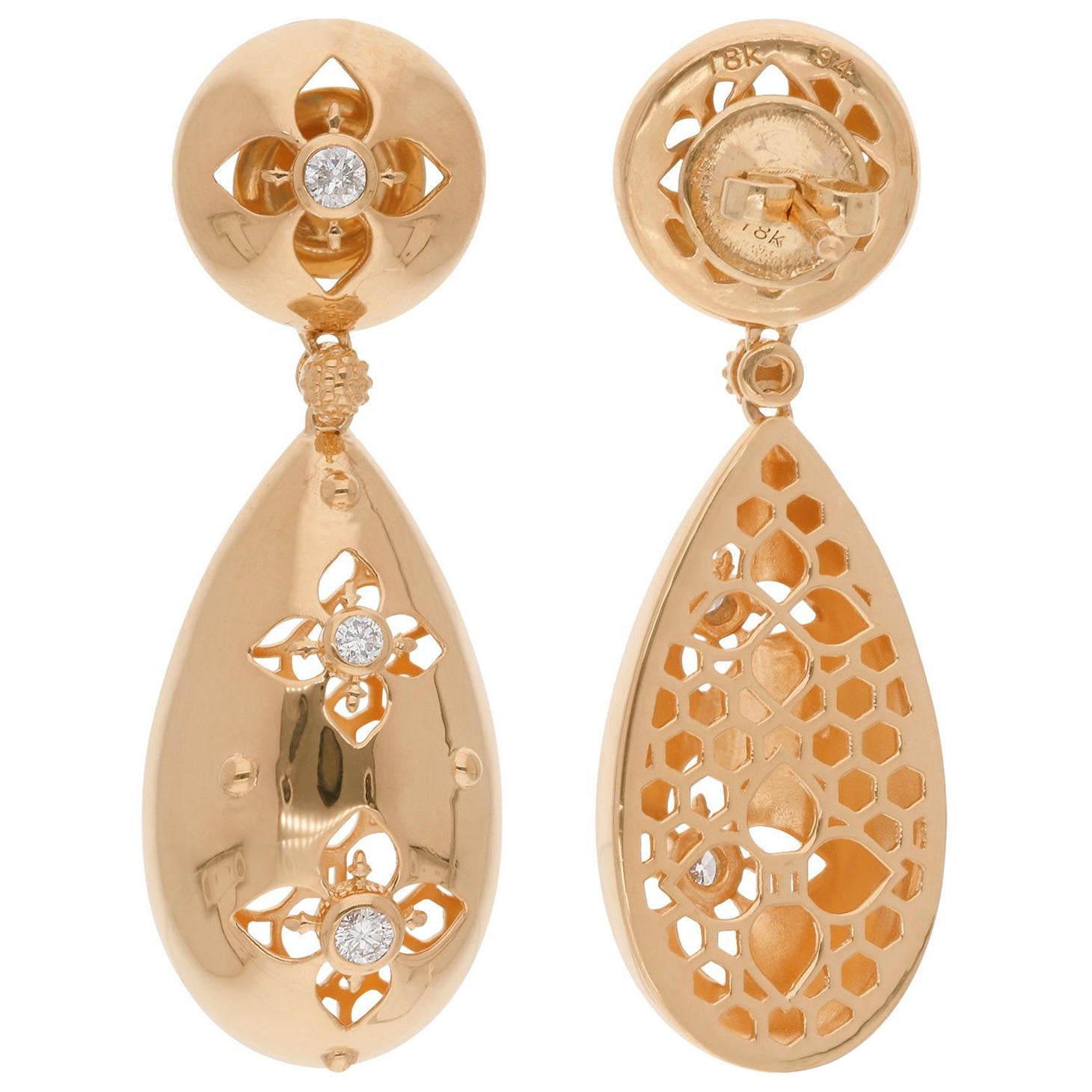 Natural 0.28 Carat Diamond Flower Dangle Earrings 18 Karat Yellow Gold Jewelry