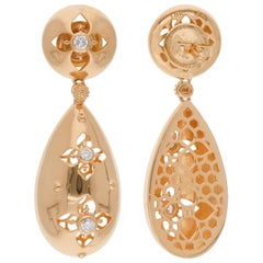 Natural 0.28 Carat Diamond Flower Dangle Earrings 18 Karat Yellow Gold Jewelry