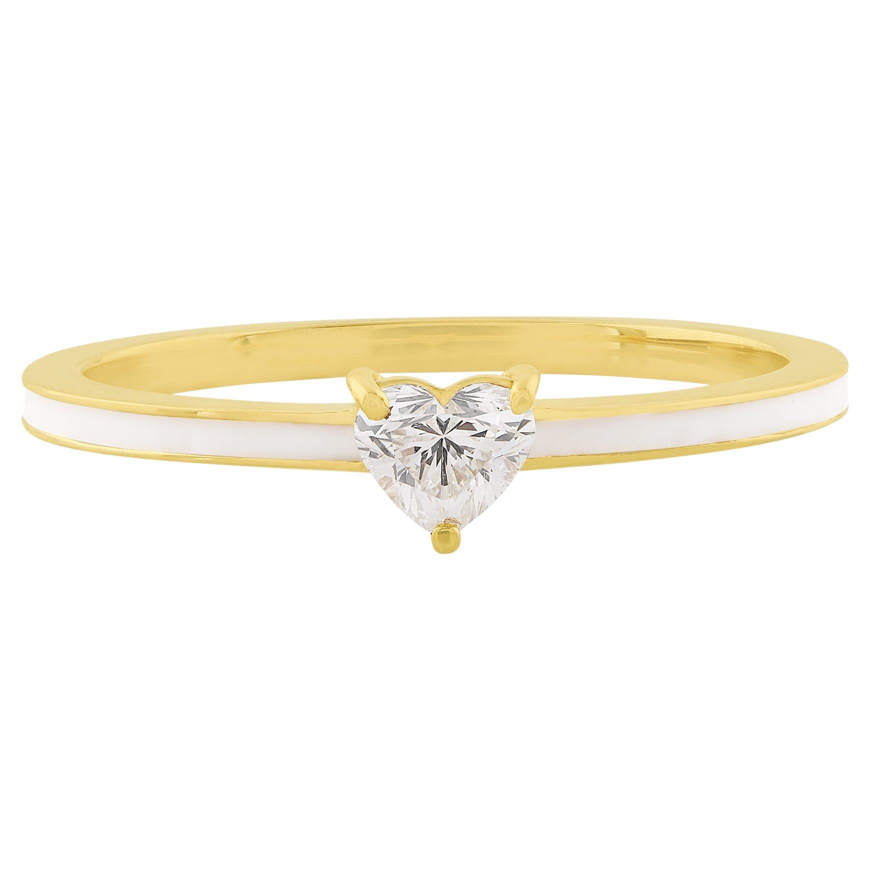 Natural 0.28 Ct SI/H Solitaire Heart Diamond White Enamel Ring 14k Yellow Gold