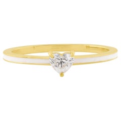 Bague solitaire cœur en or jaune 14 carats avec émail blanc et diamants naturels 0,28 carat SI/H