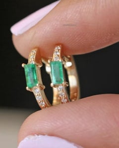 14k Yellow Gold Zambian Emerald and Diamond Stud Earrings, 0.28ct