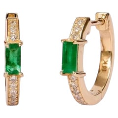 14k Yellow Gold Zambian Emerald and Diamond Stud Earrings, 0.28ct