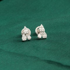 Natural 0.35 Carat Round Baguette Diamond Cluster Stud Earrings 18K White Gold