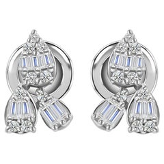 Natural 0.35 Carat Round Baguette Diamond Cluster Stud Earrings 18K White Gold
