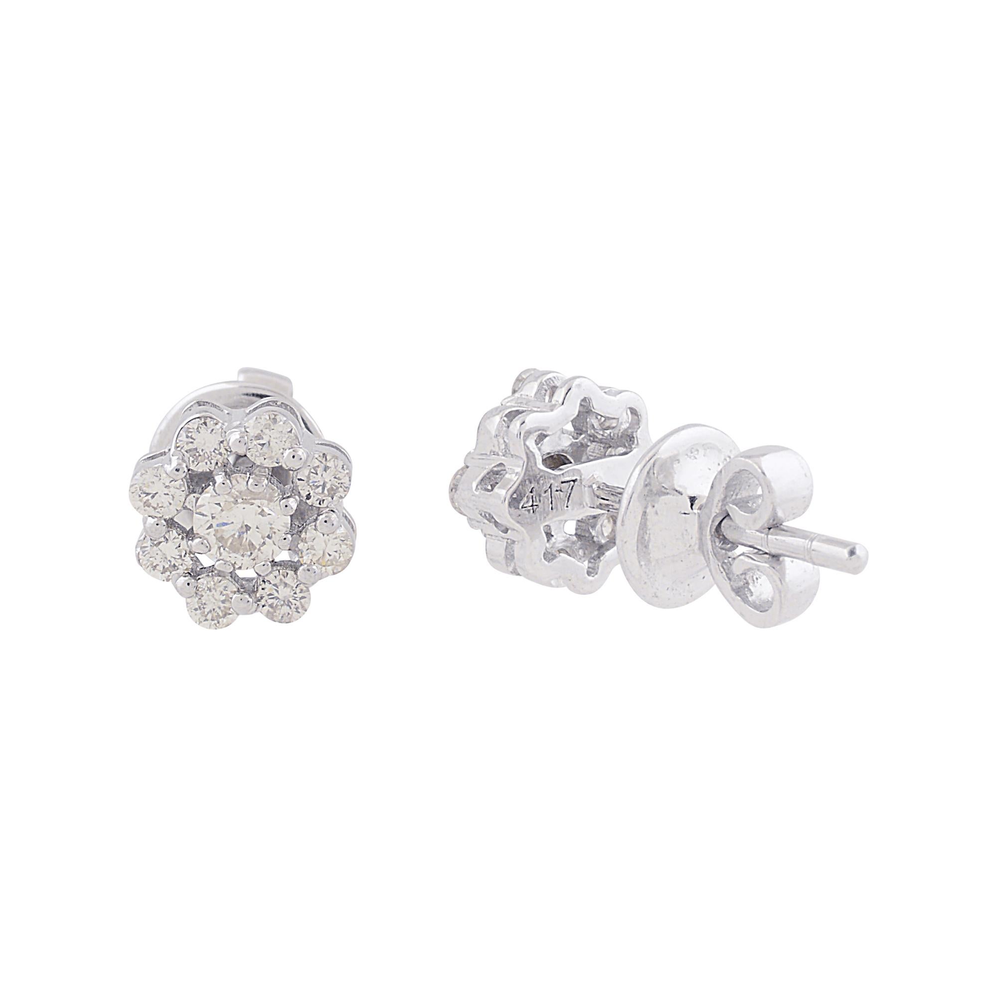 Round Cut Natural 0.36 Ct SI/HI Pave Diamond Stud 10 Karat White Gold Flower Earrings For Sale