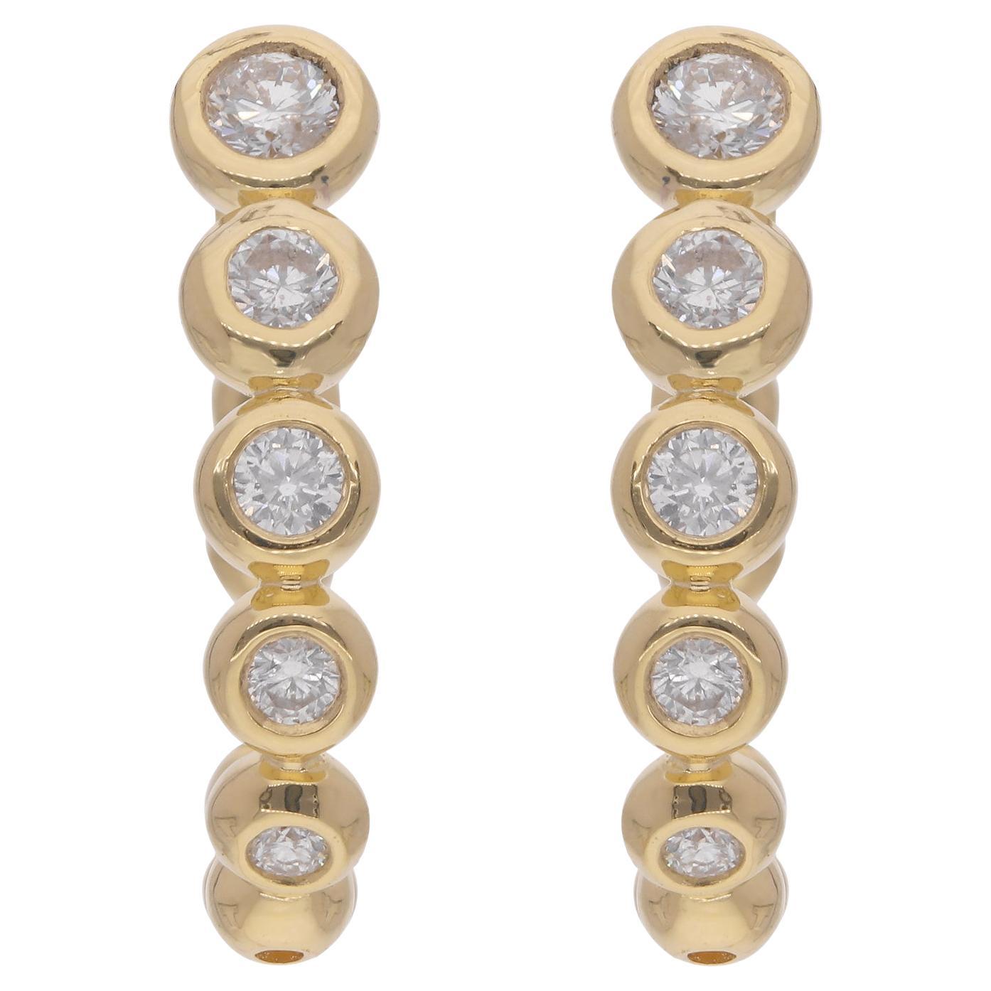 Natural 0.38 Carat Bezel Set Diamond Hoop Earrings 18 Karat Yellow Gold Jewelry For Sale