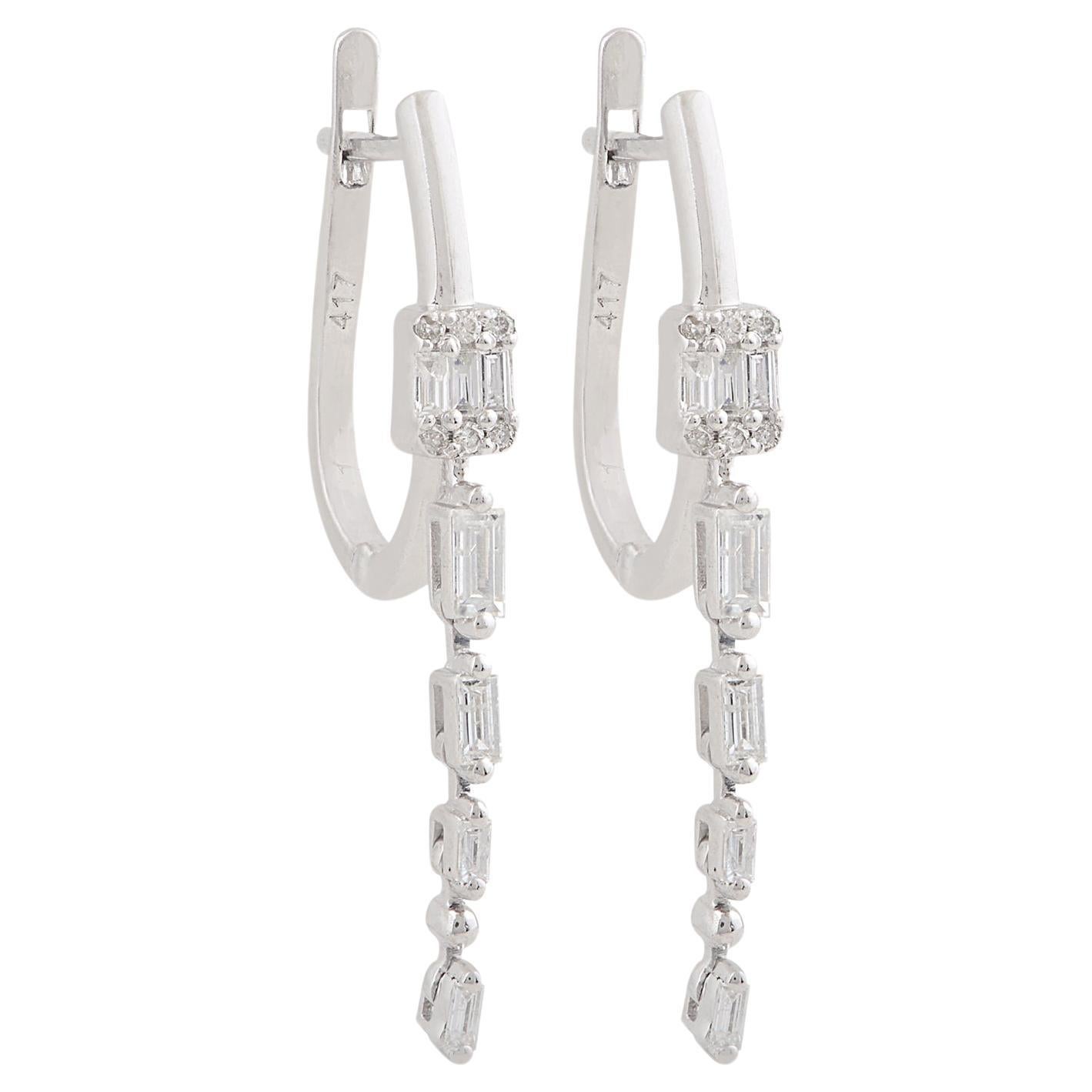 Natural 0.40 Carat Baguette & Round Diamond Earrings 10 Karat White Gold Jewelry For Sale