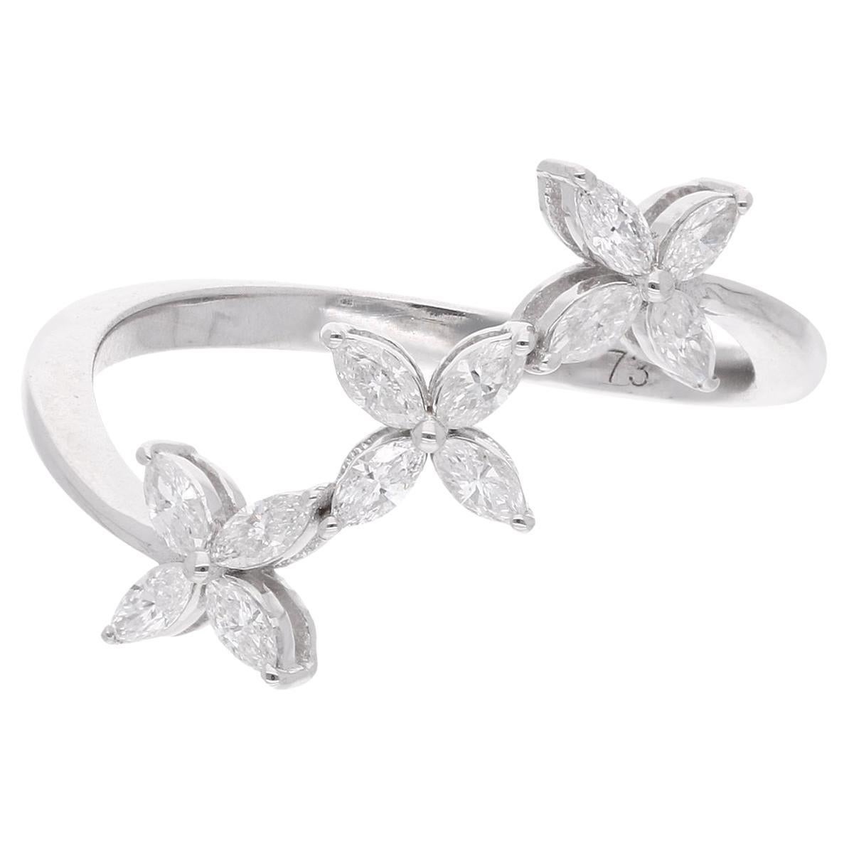 Natural 0.40 Carat Marquise Shape Diamond Three Flower Ring 14 Karat White Gold For Sale