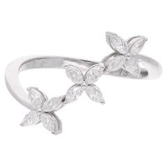 Bague à trois fleurs en or blanc 14 carats avec diamants naturels de forme marquise de 0,40 carat