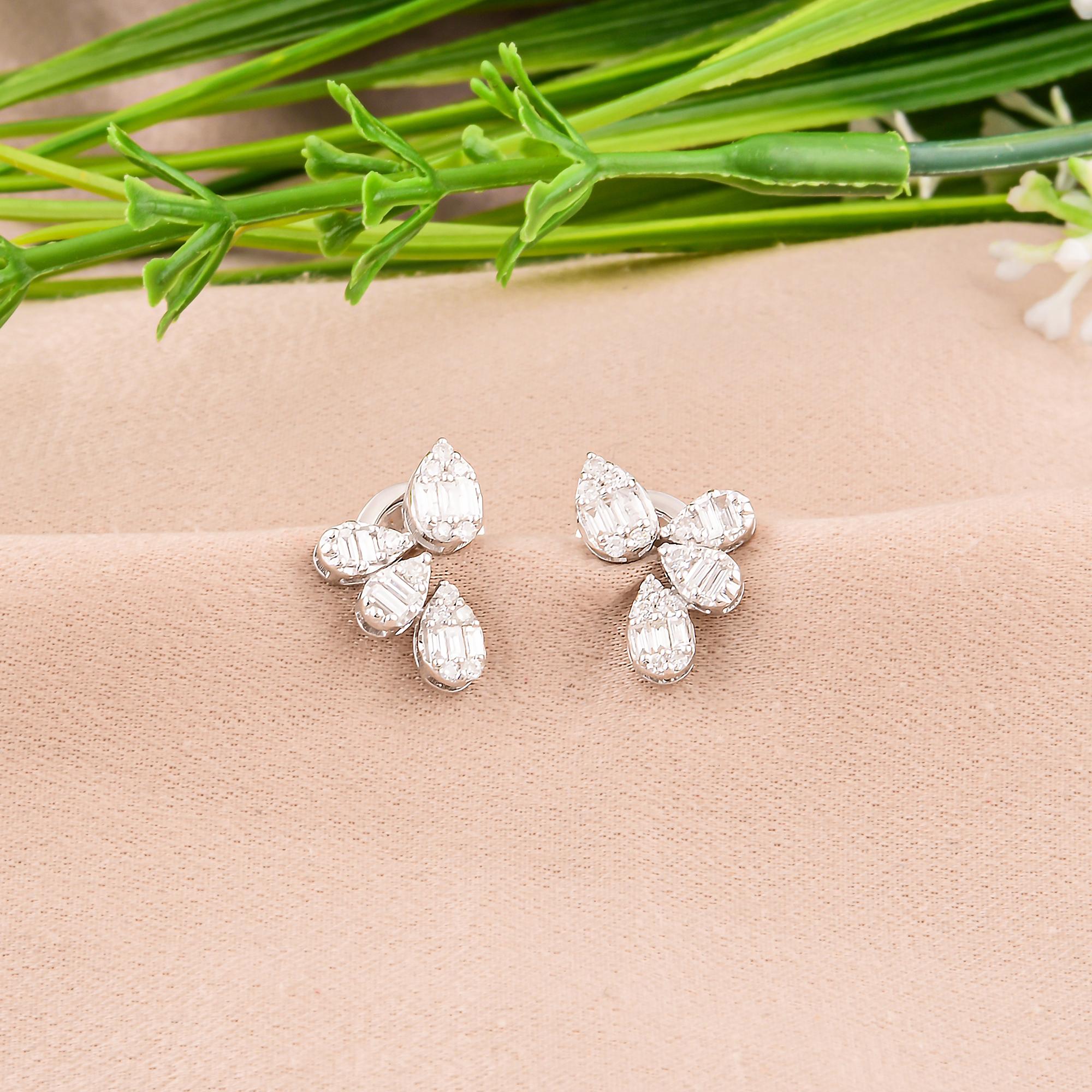 Baguette Cut Natural 0.43 Carat SI/H Baguette Round Diamond Fine Earrings 18 Karat White Gold For Sale