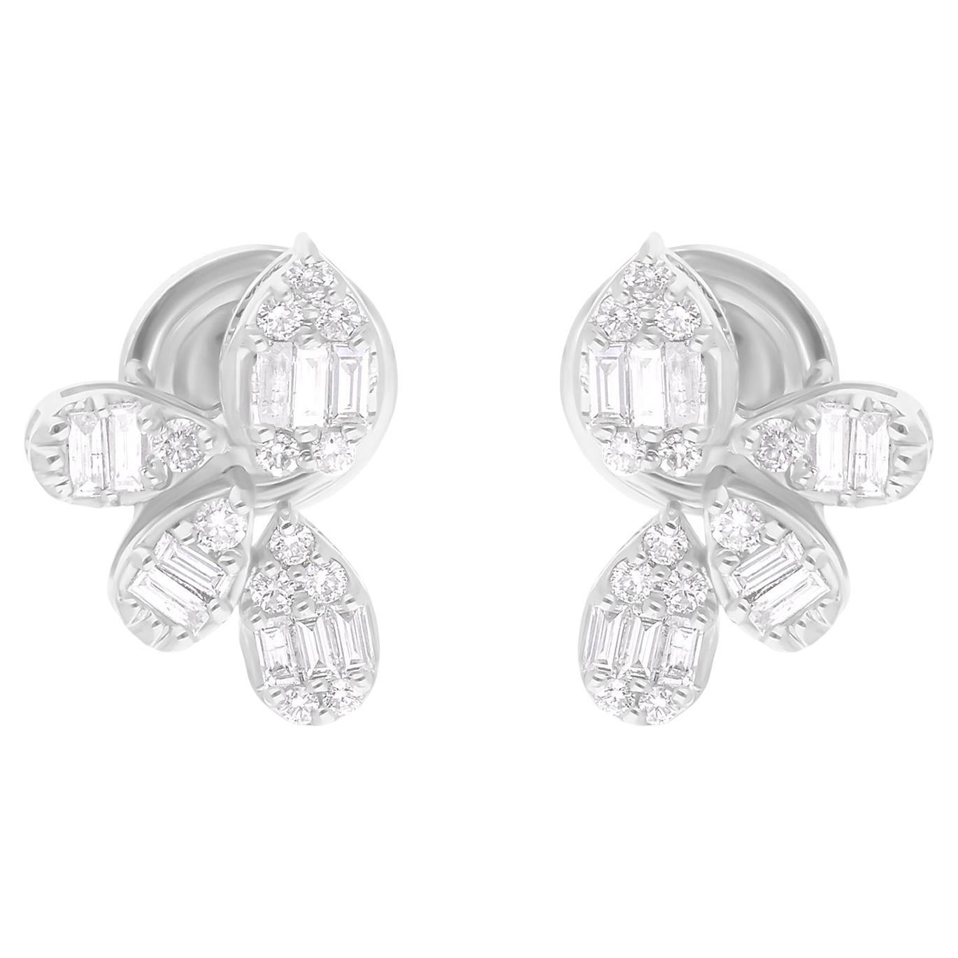 Natural 0.43 Carat SI/H Baguette Round Diamond Fine Earrings 18 Karat White Gold