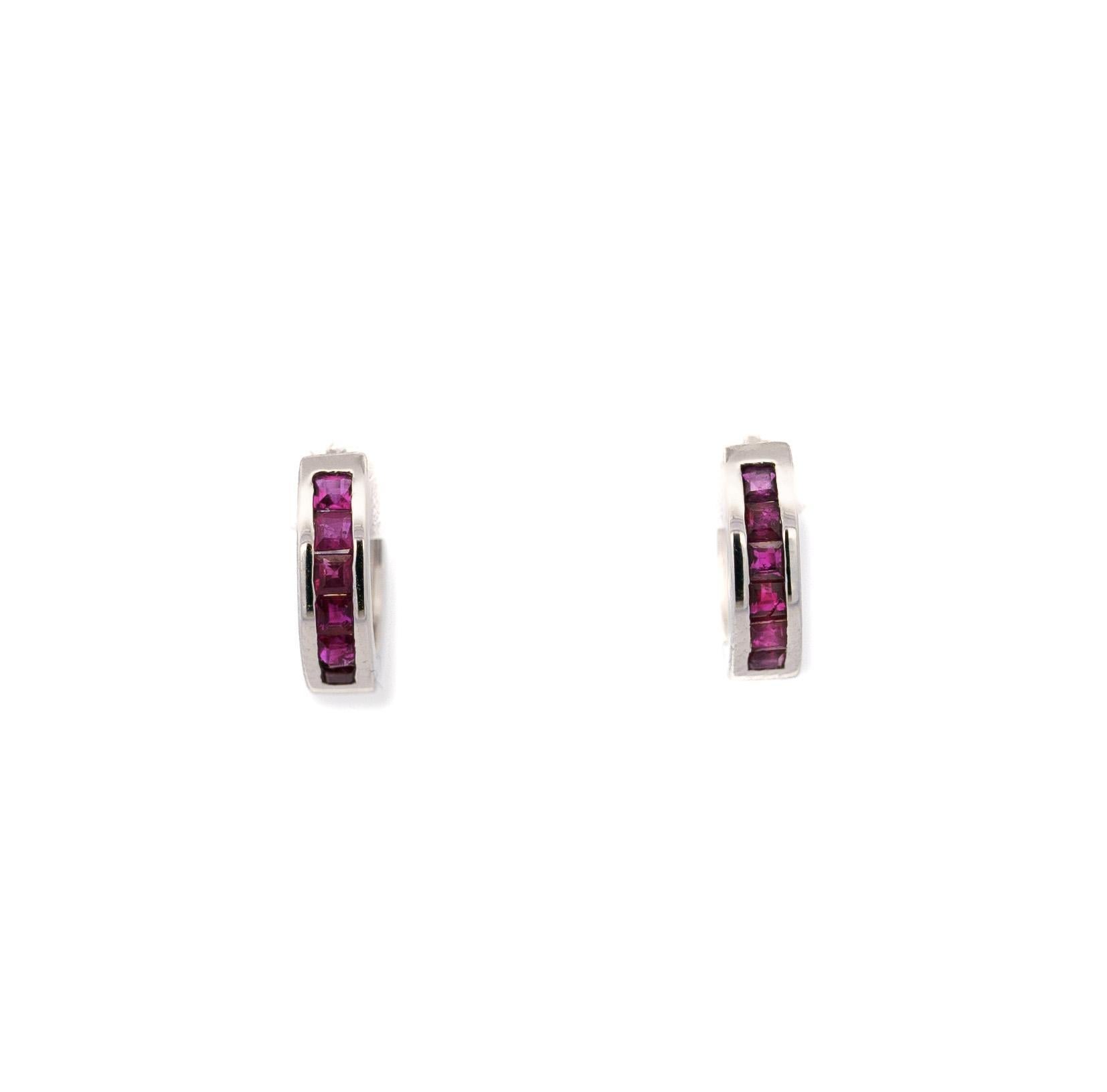 Women's Natural 0.44 CTTW Ruby Huggie Earrings in 14k White Gold For Sale
