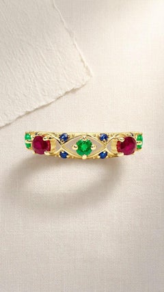 Bague unisexe en or 14 carats avec rubis naturel de 0,45 carat et émeraude de 0,35 carat
