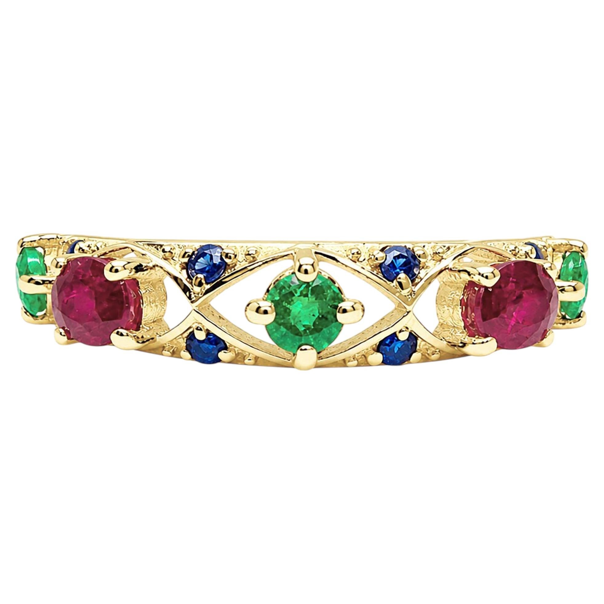 Natural 0.45 Ct Ruby Band 0.35 Ct Emerald Band 14K Gold Ruby Emerald Band unisex