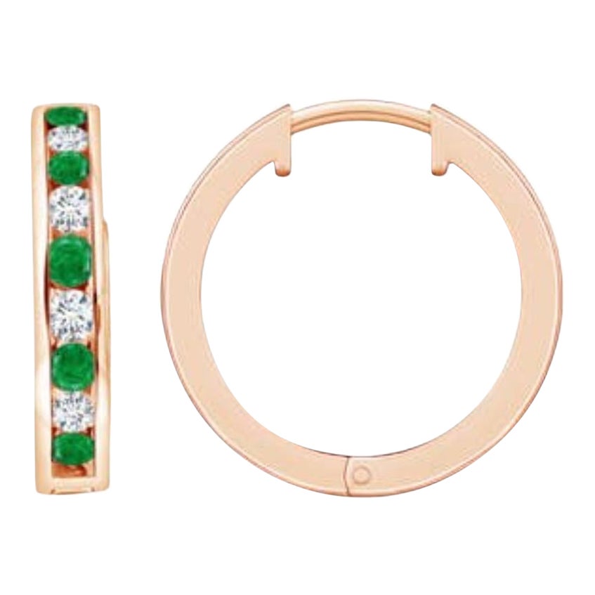 Natural 0.45ct Emerald and 0.28ct Diamond Hinged Hoop Earrings in 14K Rose Gold