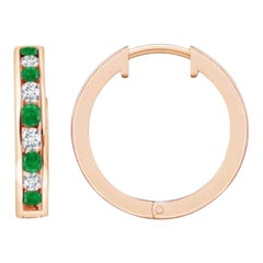 Natural 0.45ct Emerald and 0.28ct Diamond Hinged Hoop Earrings in 14K Rose Gold