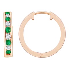 Natural 0.45ct Emerald and 0.28ct Diamond Hinged Hoop Earrings in 14K Rose Gold