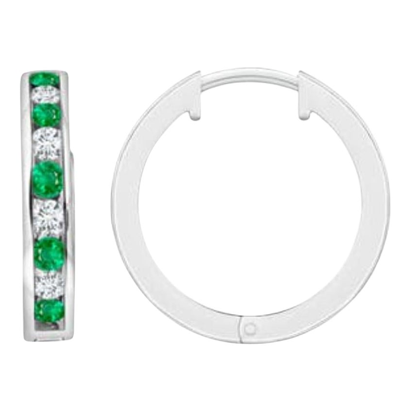 Natural 0.45ct Emerald and 0.28ct Diamond Hinged Hoop Earrings in Platinum