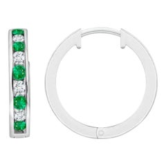 Natural 0.45ct Emerald and 0.28ct Diamond Hinged Hoop Earrings in Platinum