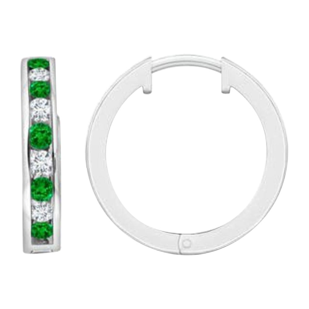Natural 0.45ct Emerald and 0.28ct Diamond Hinged Hoop Earrings in Platinum