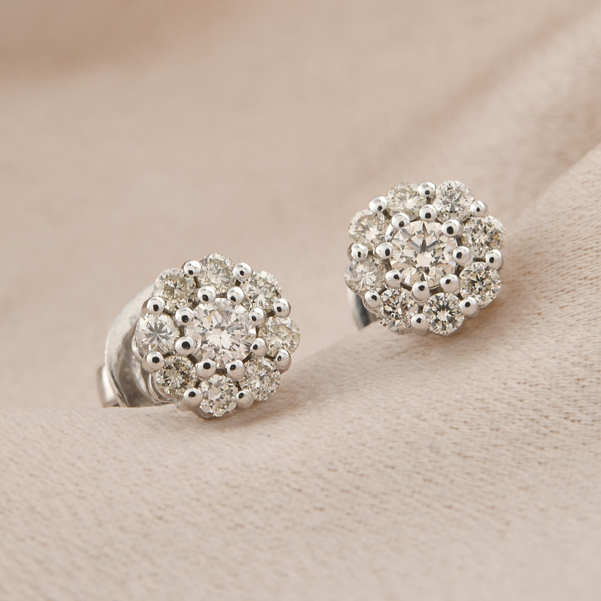Modern Real 0.46 Carat SI/HI Diamond Pave Flower Stud Earrings 10k White Gold Jewelry For Sale