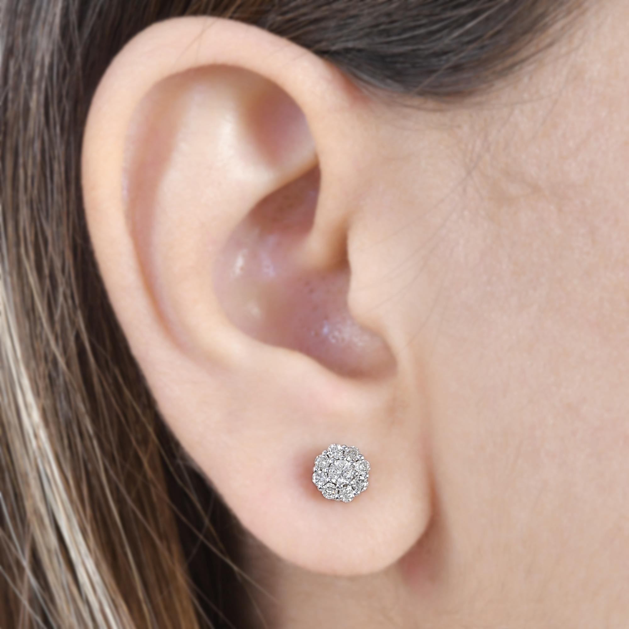 Round Cut Real 0.46 Carat SI/HI Diamond Pave Flower Stud Earrings 10k White Gold Jewelry For Sale