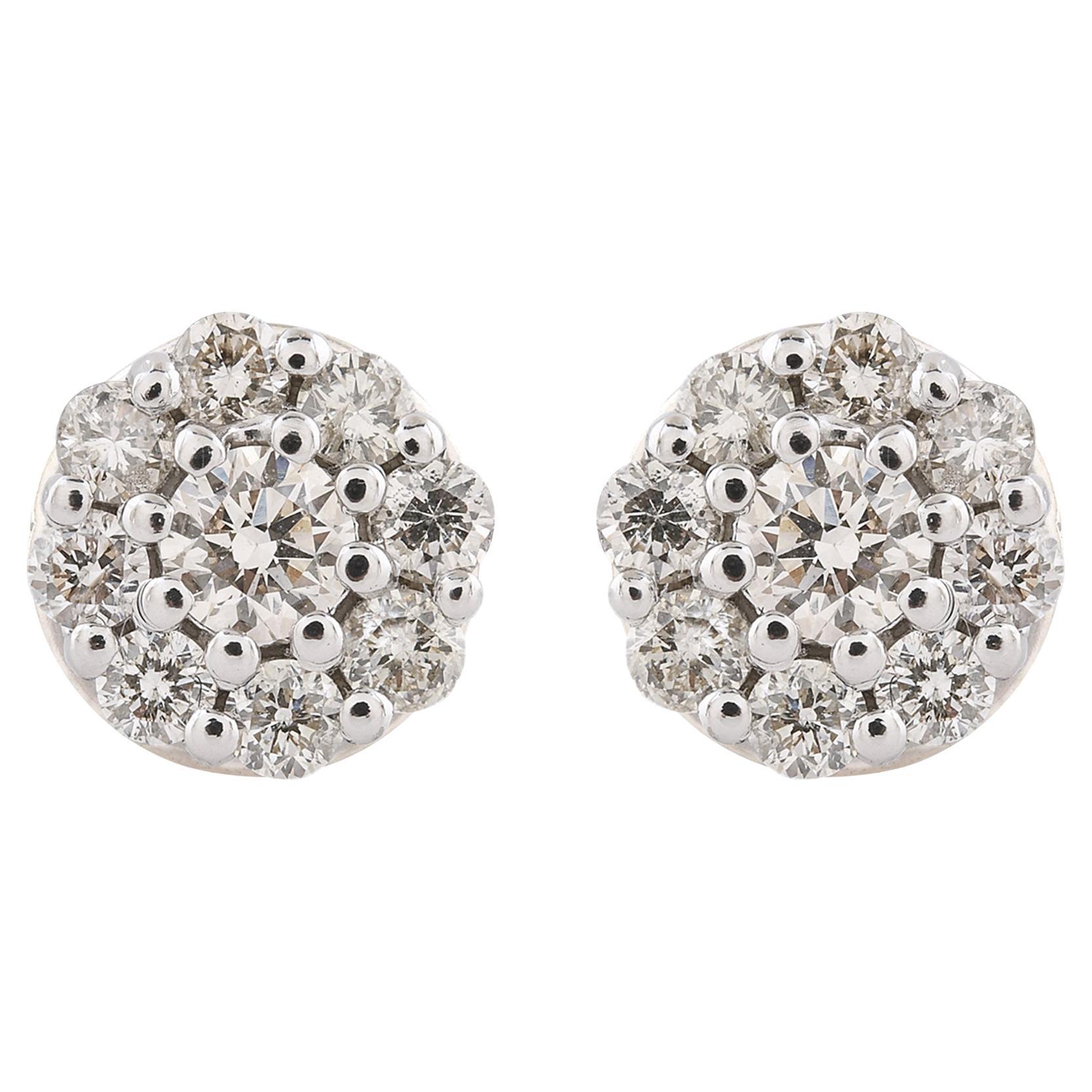 Real 0.46 Carat SI/HI Diamond Pave Flower Stud Earrings 10k White Gold Jewelry