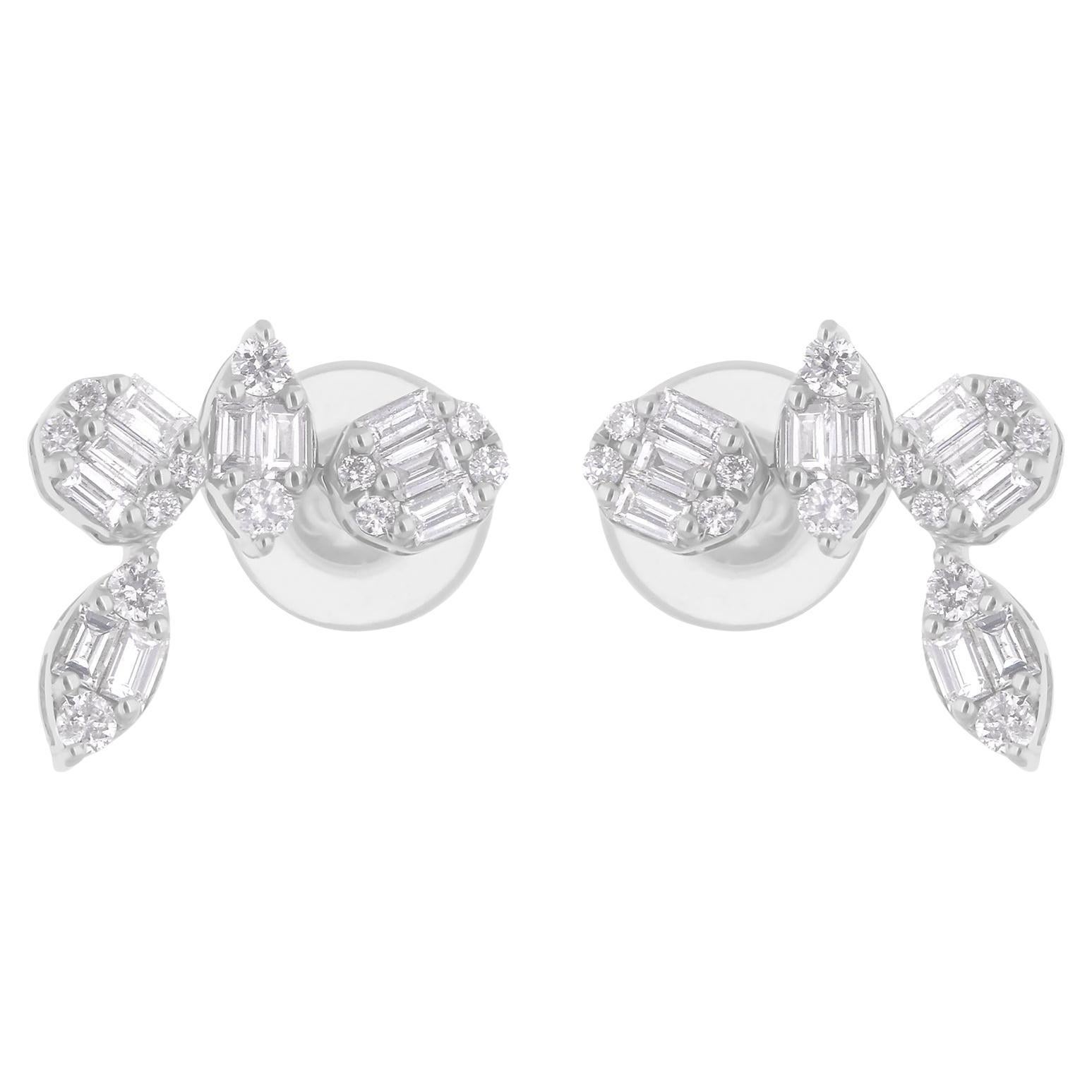 Pendientes de diamantes redondos baguette SI/H naturales de 0,49 quilates y oro blanco de 14 quilates en venta