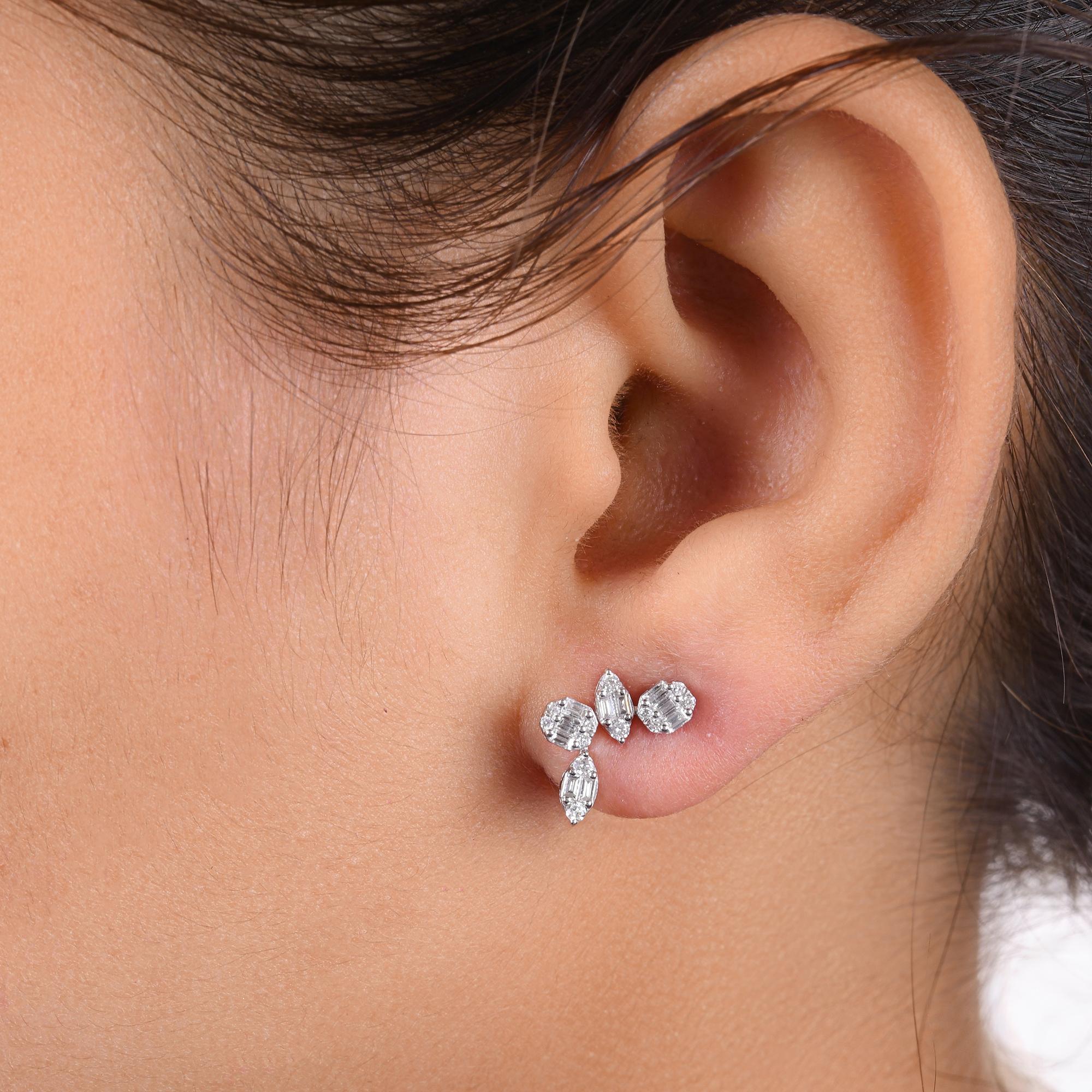 Baguette Cut Natural 0.49 Carat SI/H Baguette Round Diamond Earrings 18 Karat White Gold For Sale