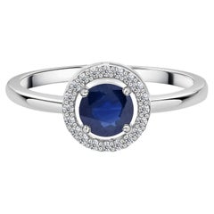 Zafiro azul natural de 0,5 quilates Anillo de diamantes SI/H de 0,10 quilates Oro blanco de 14 quilates