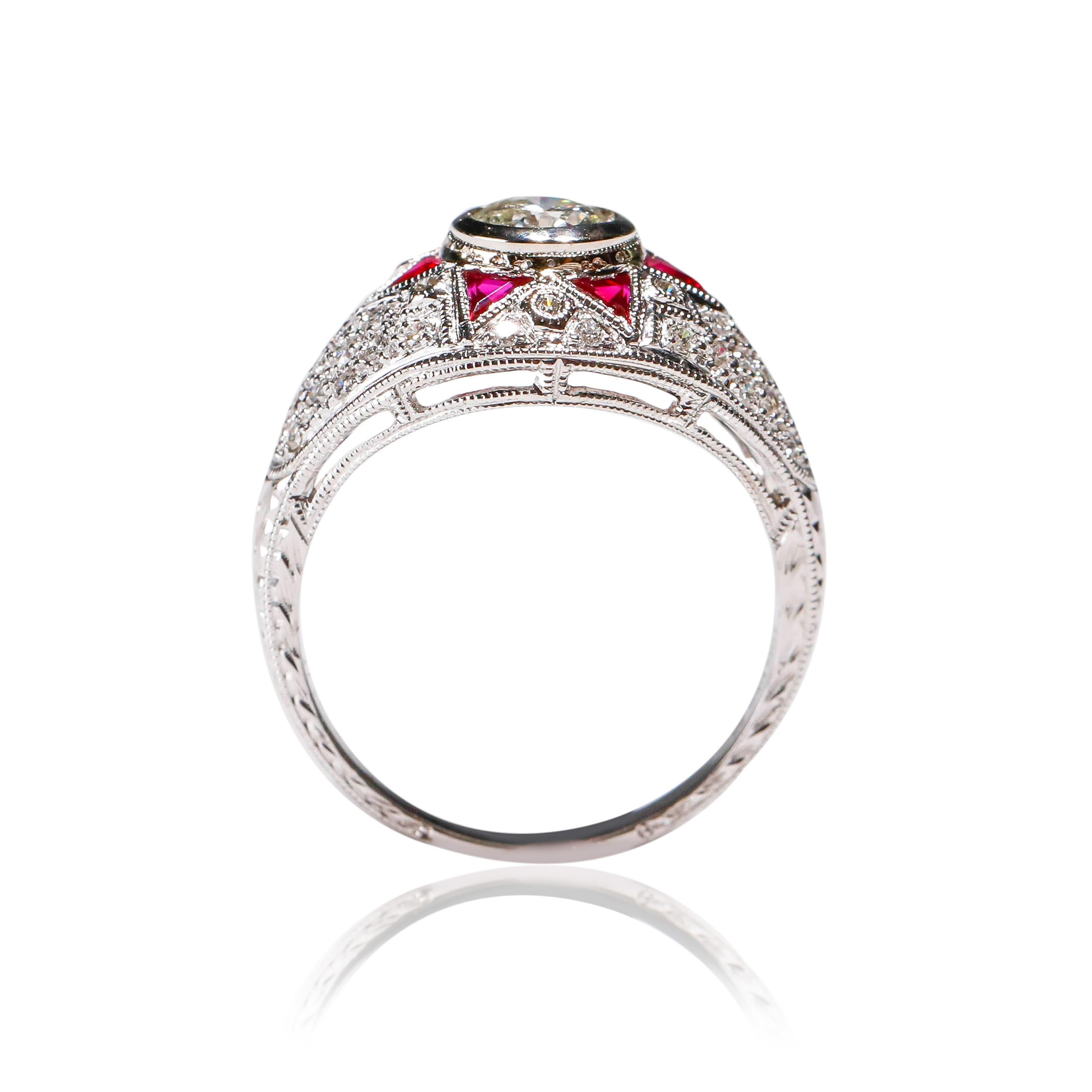 Art Deco Natural 0.50 Ct Ruby 0.80 Ct Round Diamond 18Kt White Gold Cocktail Halo Ring For Sale
