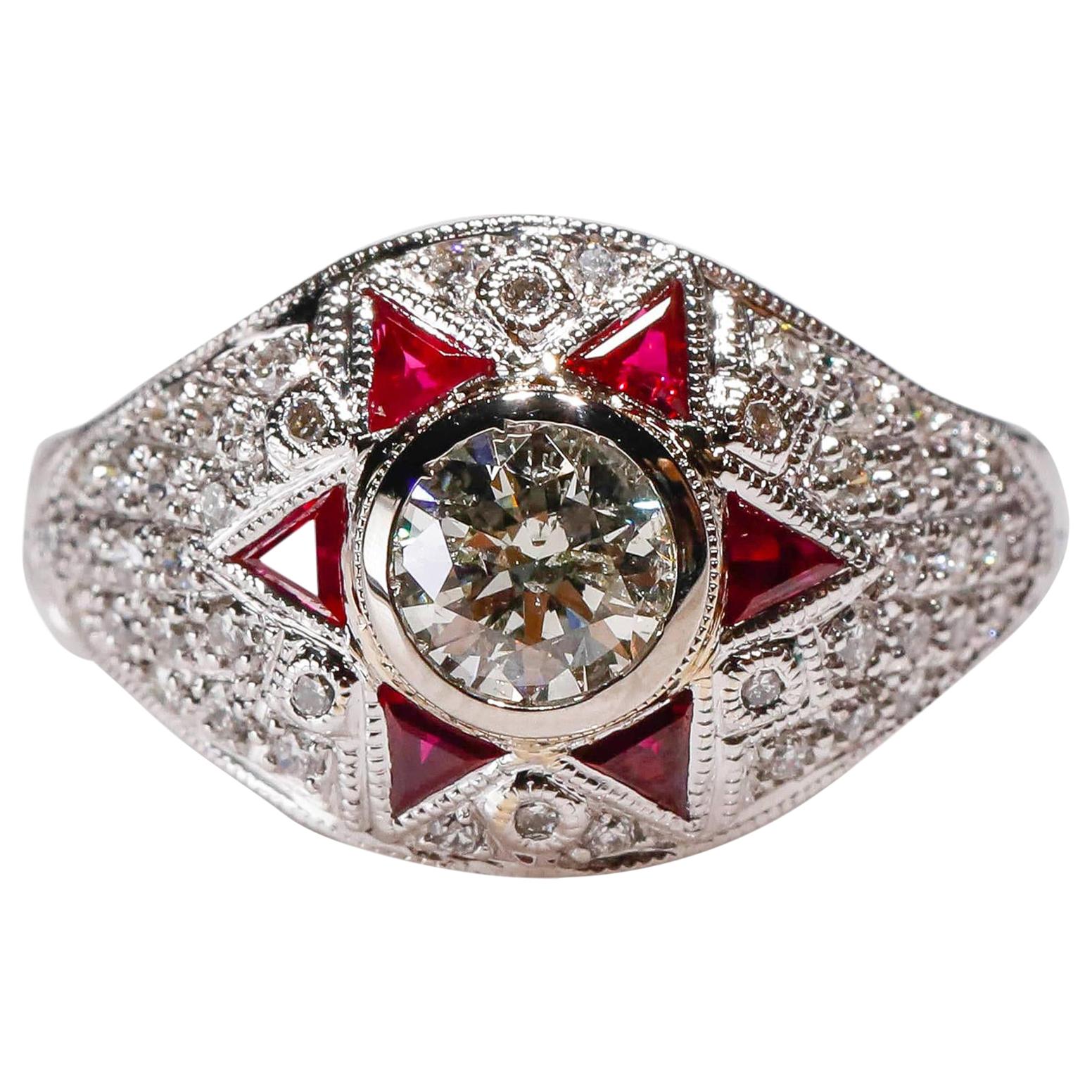 Natural 0.50 Ct Ruby 0.80 Ct Round Diamond 18Kt White Gold Cocktail Halo Ring

Crafted in 18 kt White Gold, this Unique design showcases a Ruby 0.50 TCW,  set in a halo of round-cut mesmerizing diamonds, Polished to a brilliant shine.

Gold Purity: