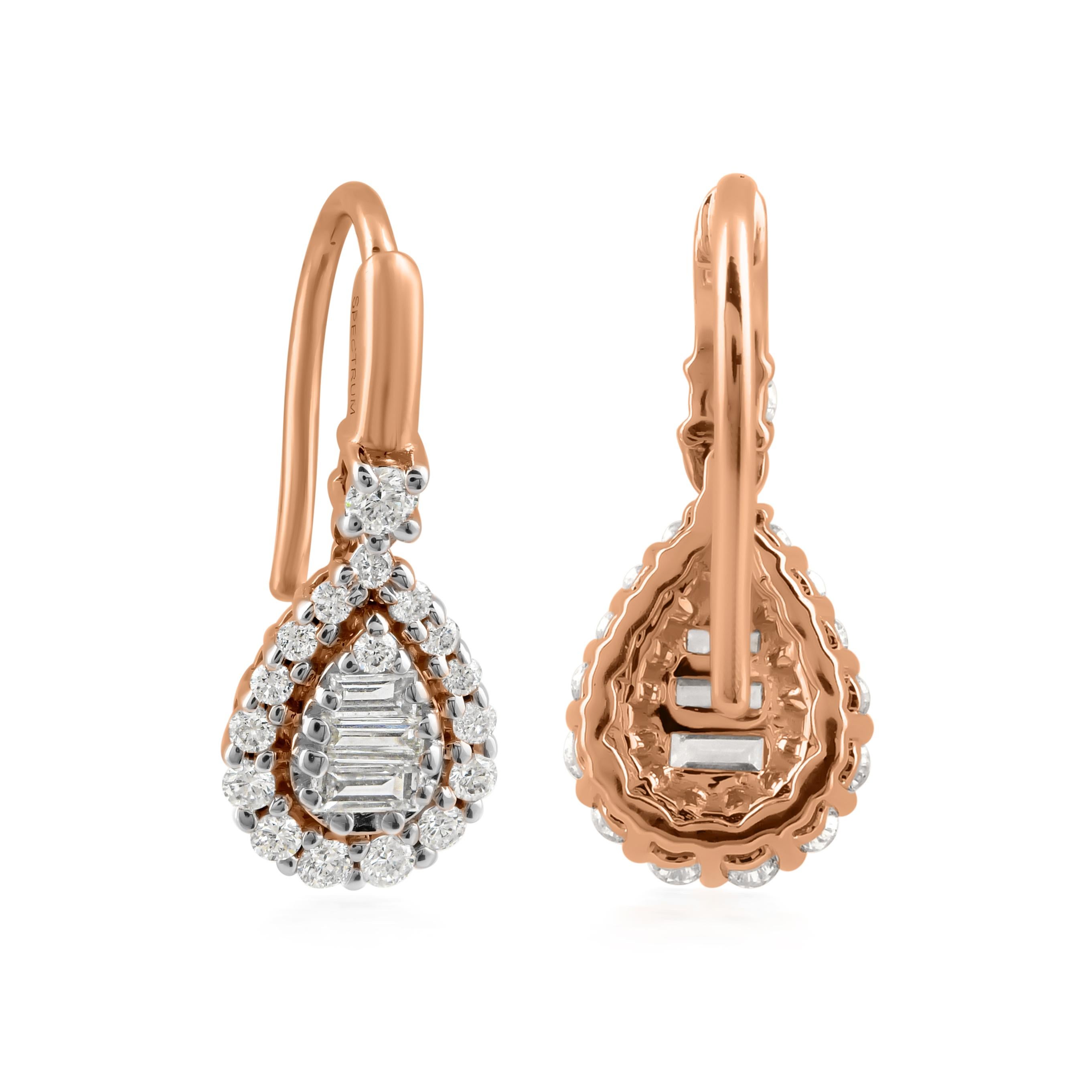 Modern Natural 0.52 Carat SI/H Baguette Round Diamond Hook Earrings 14 Karat Rose Gold For Sale