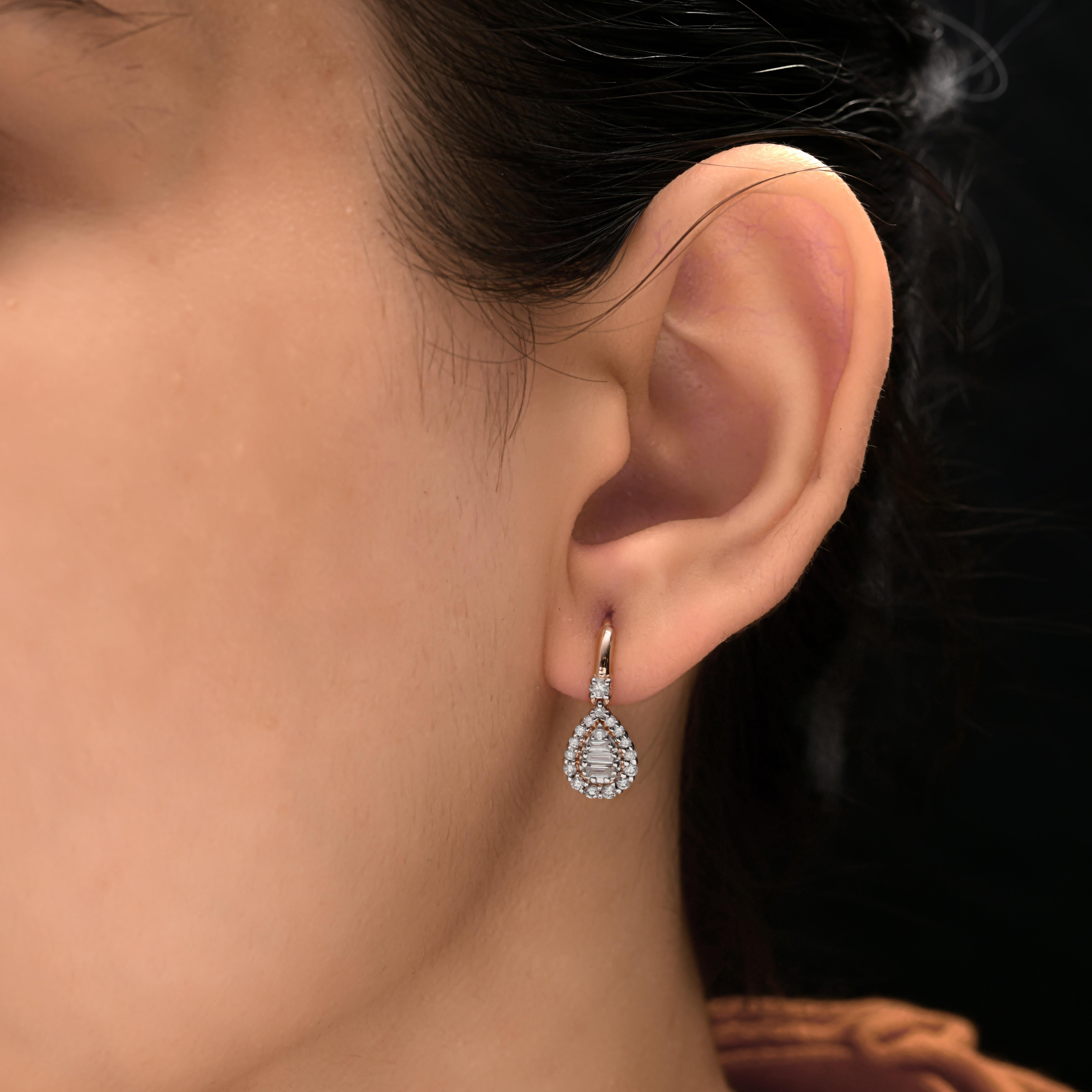 Baguette Cut Natural 0.52 Carat SI/H Baguette Round Diamond Hook Earrings 14 Karat Rose Gold For Sale