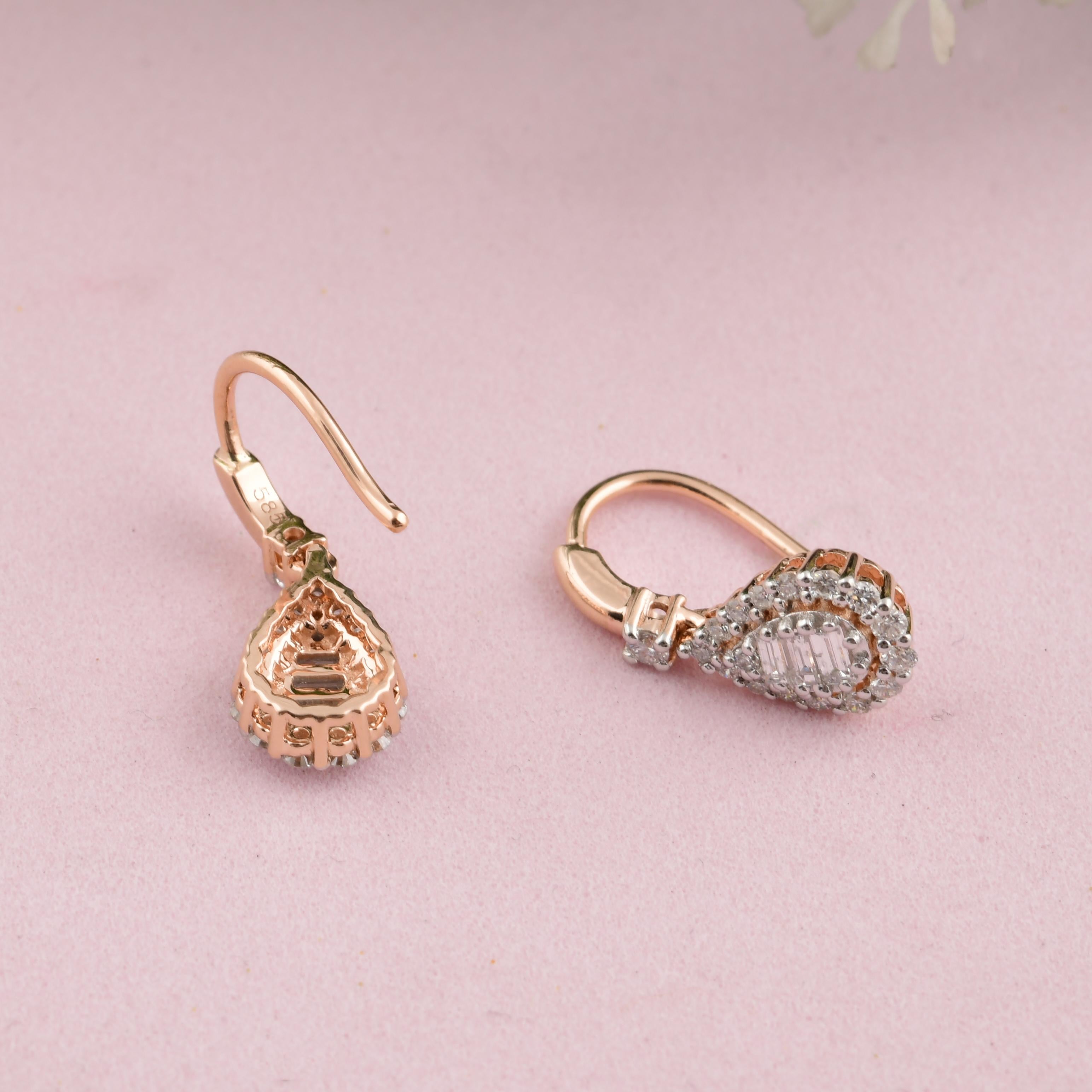 Natural 0.52 Carat SI/H Baguette Round Diamond Hook Earrings 14 Karat Rose Gold In New Condition For Sale In Diera, Dubai
