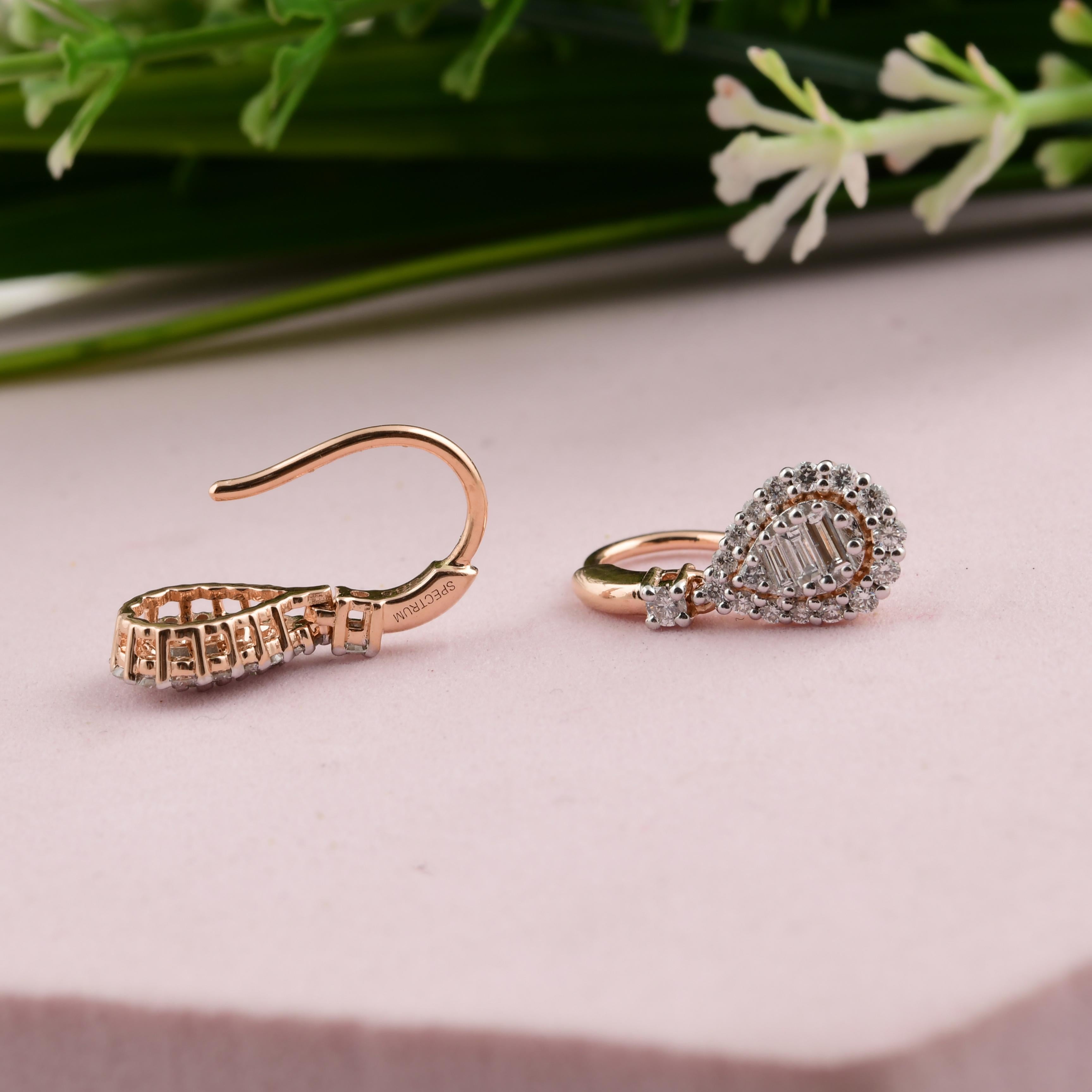 Women's Natural 0.52 Carat SI/H Baguette Round Diamond Hook Earrings 14 Karat Rose Gold For Sale