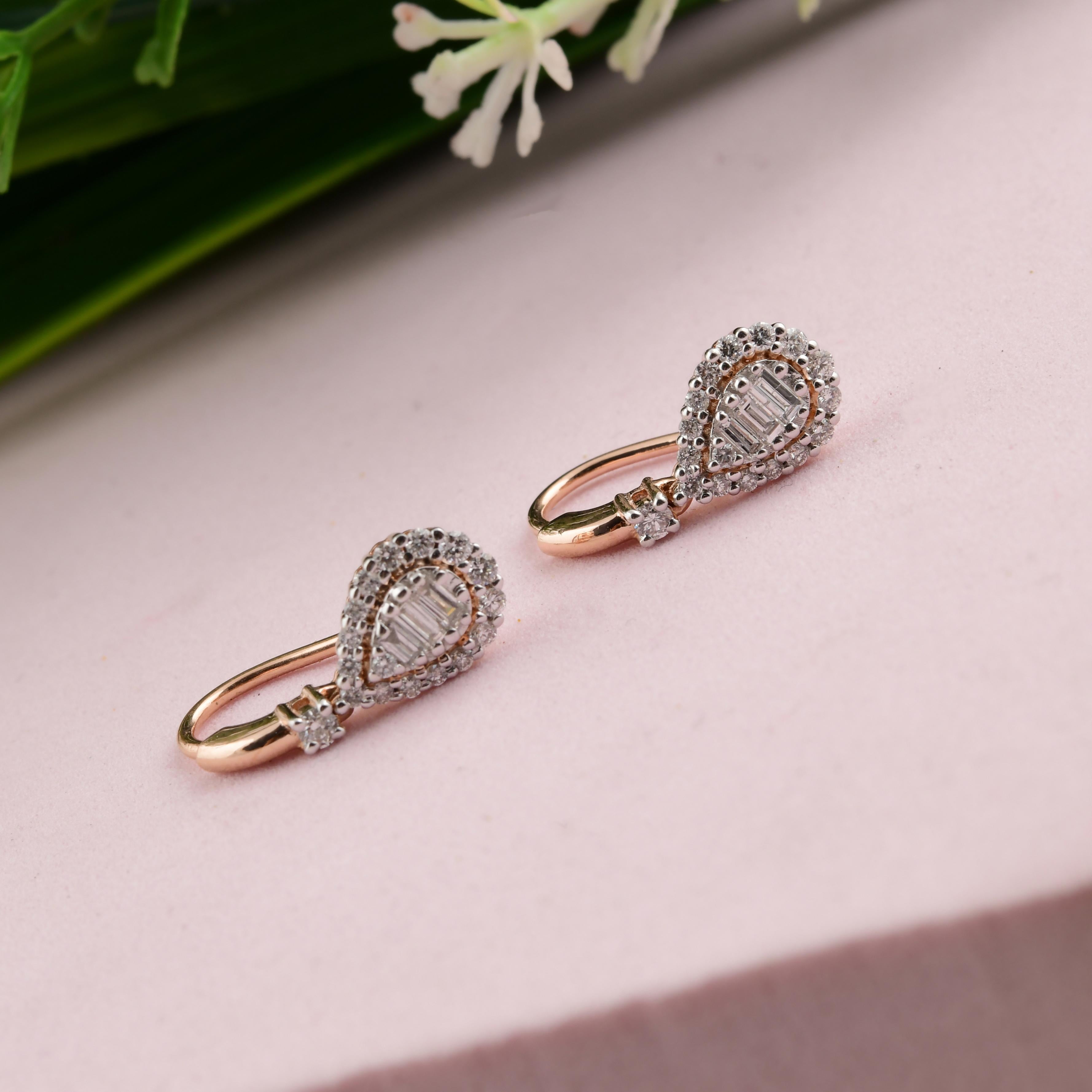Natural 0.52 Carat SI/H Baguette Round Diamond Hook Earrings 14 Karat Rose Gold For Sale 1