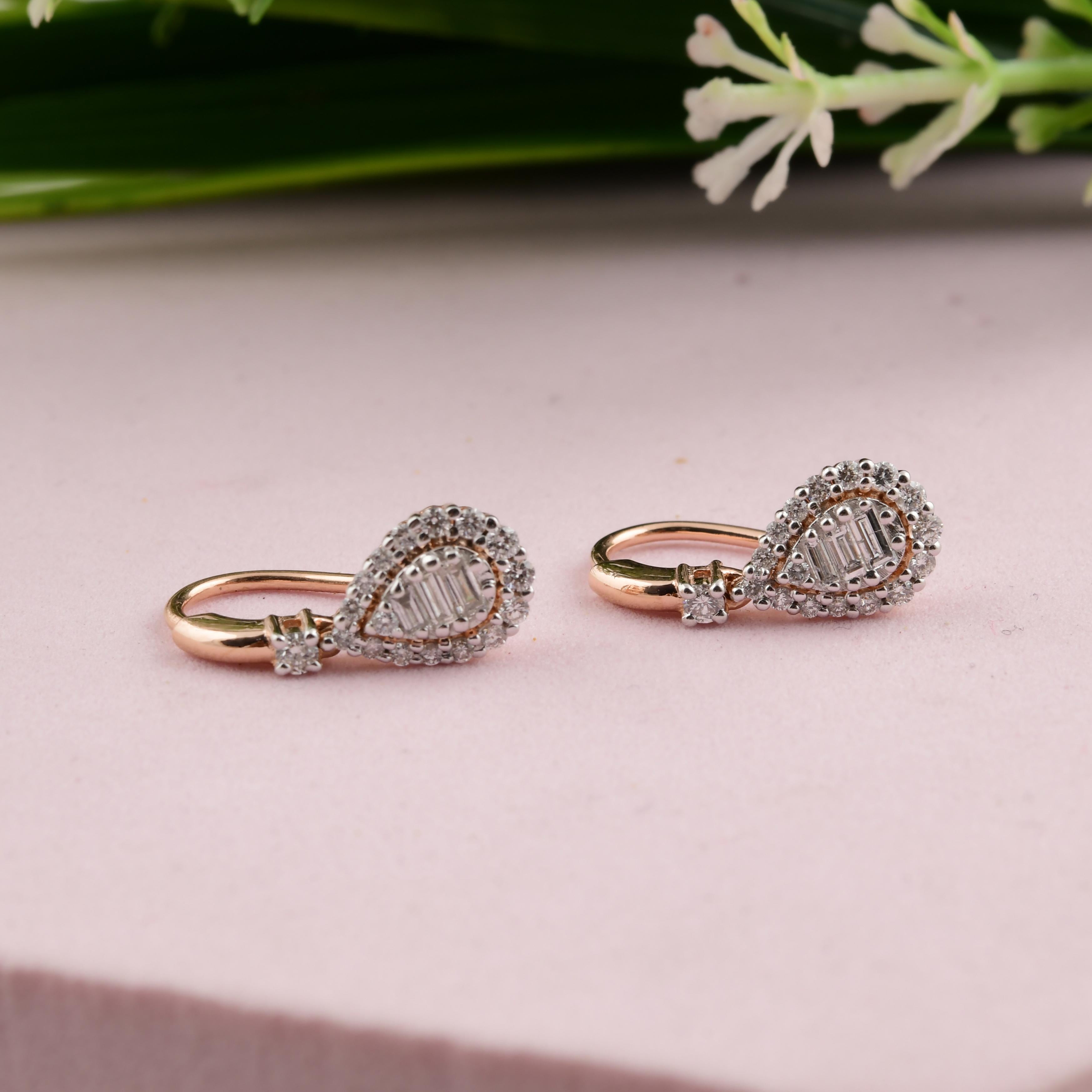 Natural 0.52 Carat SI/H Baguette Round Diamond Hook Earrings 14 Karat Rose Gold For Sale 2