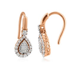 Natural 0.52 Carat SI/H Baguette Round Diamond Hook Earrings 18 Karat Rose Gold