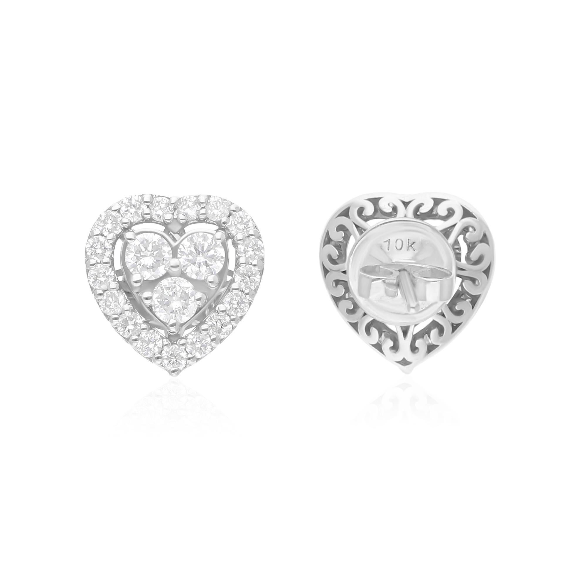 Women's Natural 0.53 Carat SI/HI Round Diamond Heart Earrings 10k White Gold Jewelry For Sale