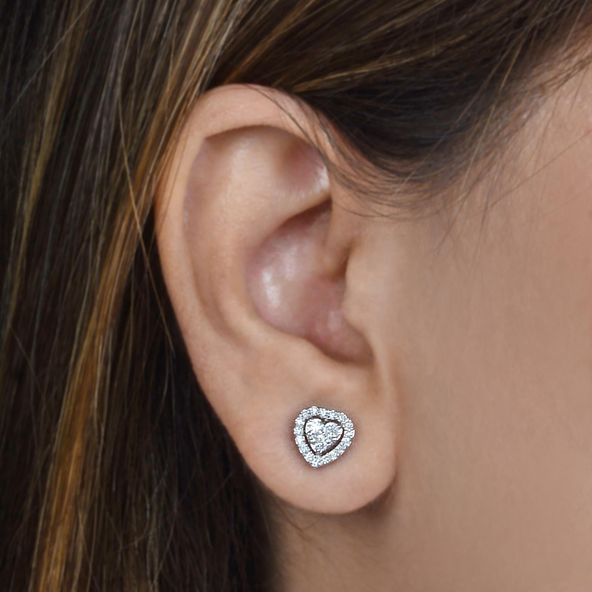 Modern Natural 0.55 Carat Round Diamond Heart Stud Earrings 14 Karat White Gold Jewelry For Sale