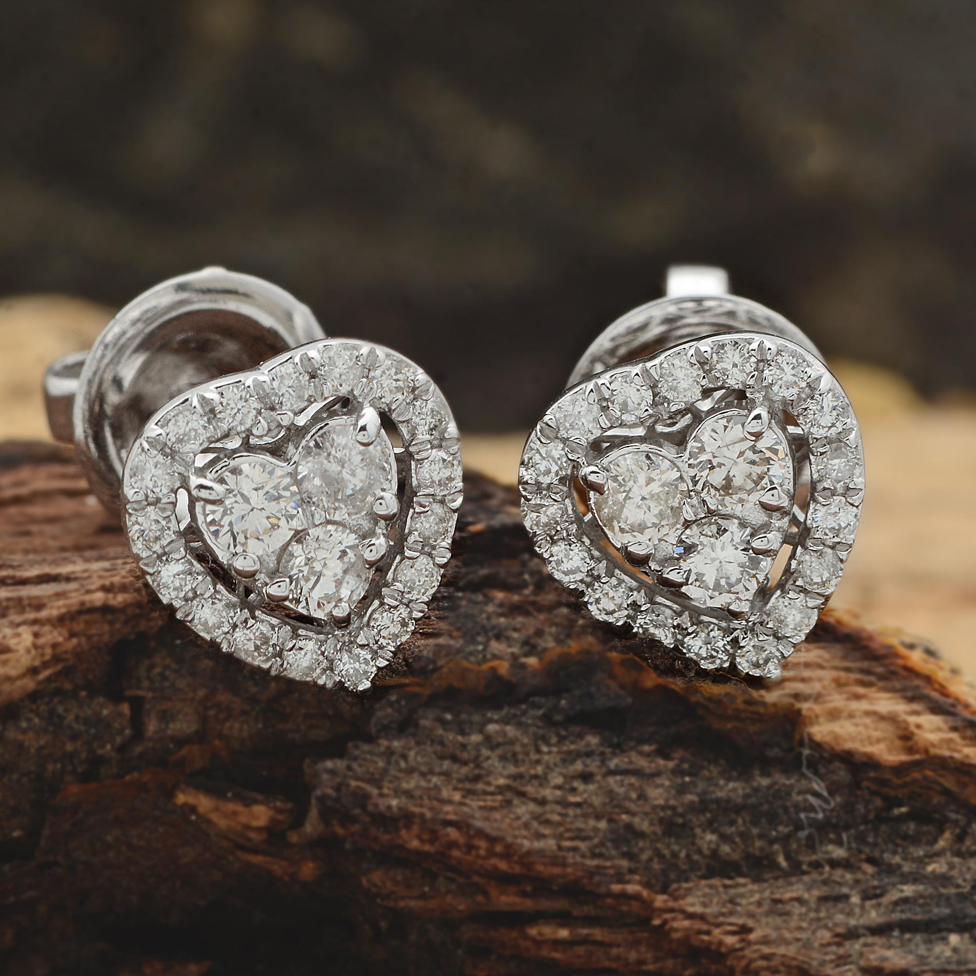 Round Cut Natural 0.55 Carat Round Diamond Heart Stud Earrings 14 Karat White Gold Jewelry For Sale