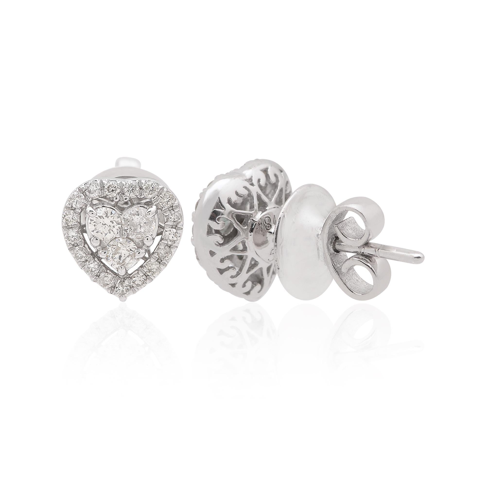 Natural 0.55 Carat Round Diamond Heart Stud Earrings 18 Karat White Gold Jewelry For Sale 1