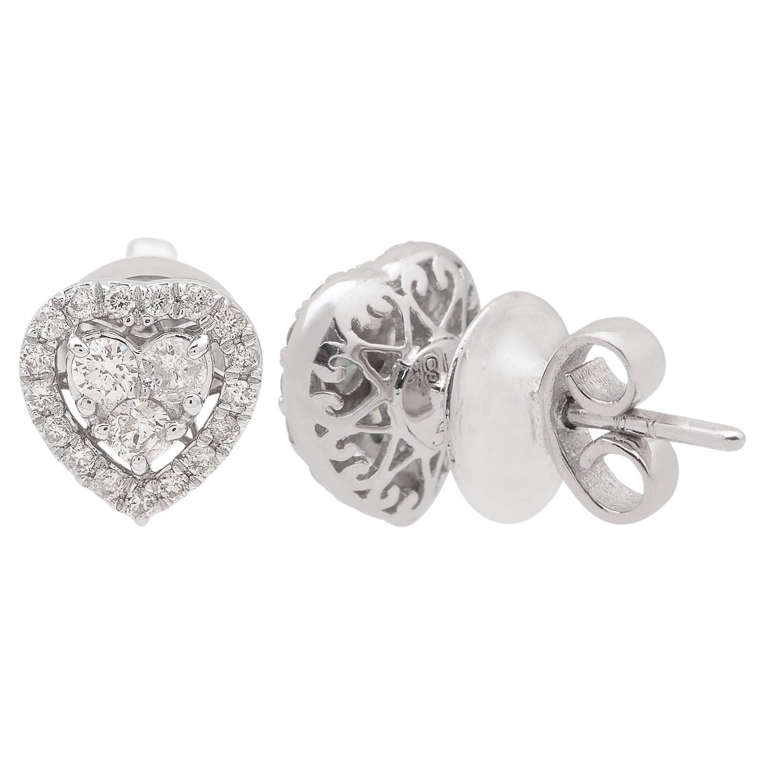 Natural 0.55 Carat Round Diamond Heart Stud Earrings 18 Karat White Gold Jewelry
