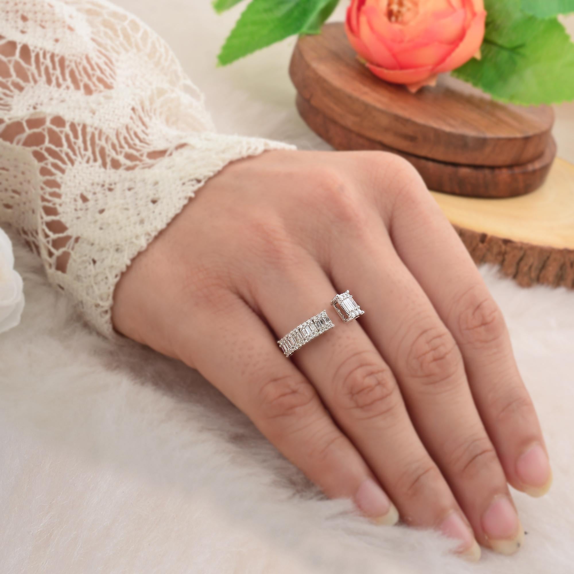 Women's Natural 0.55 Carat SI/H Baguette Brilliant Cut Diamond Cuff Ring 10k White Gold For Sale