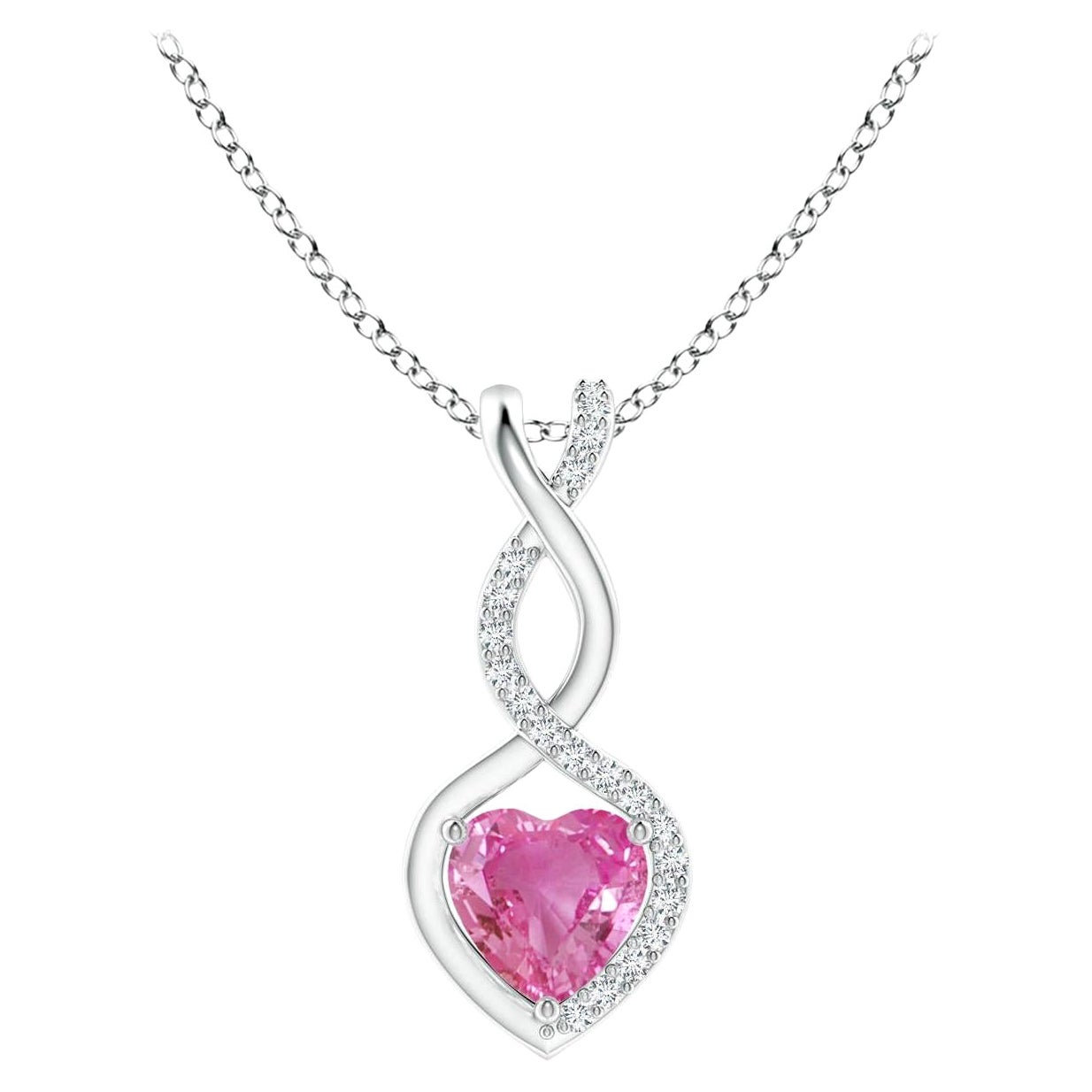 Ciondolo a cuore infinito con zaffiro rosa naturale da 0,55 carati e diamanti in platino