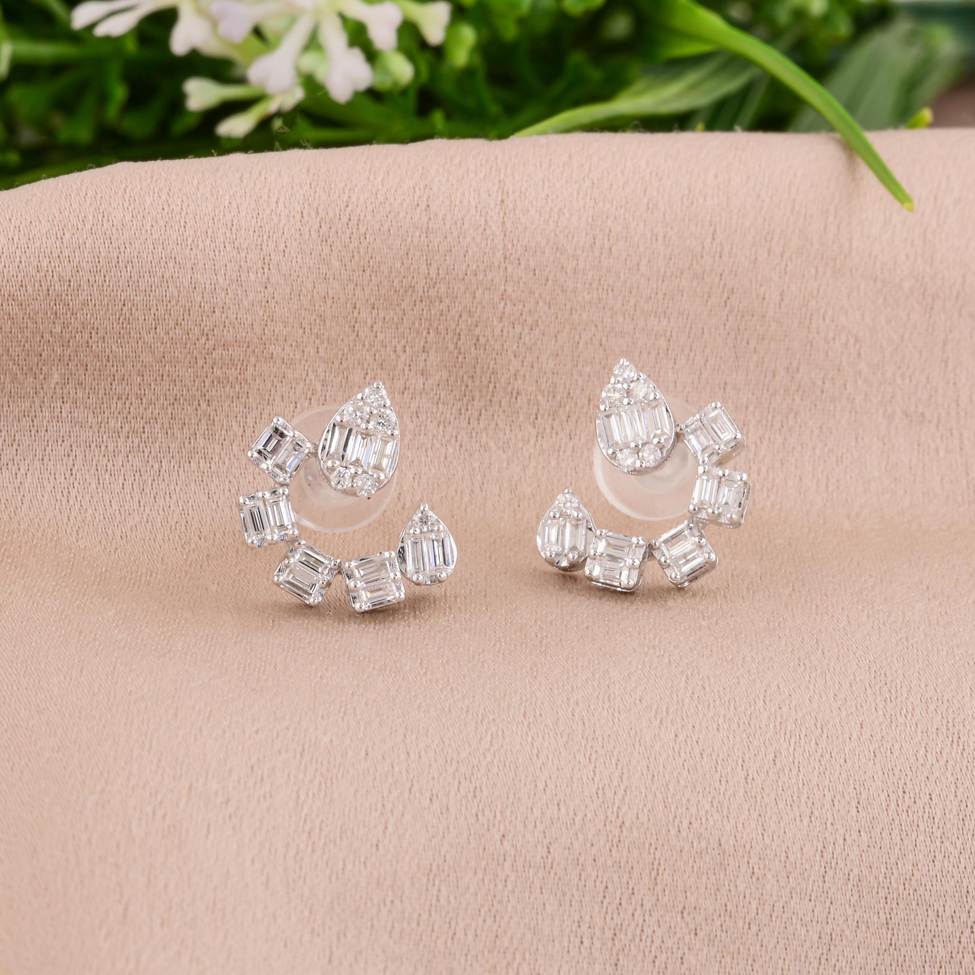 Modern Natural 0.56 Carat SI/H Baguette Round Diamond Earrings 14 Karat White Gold For Sale