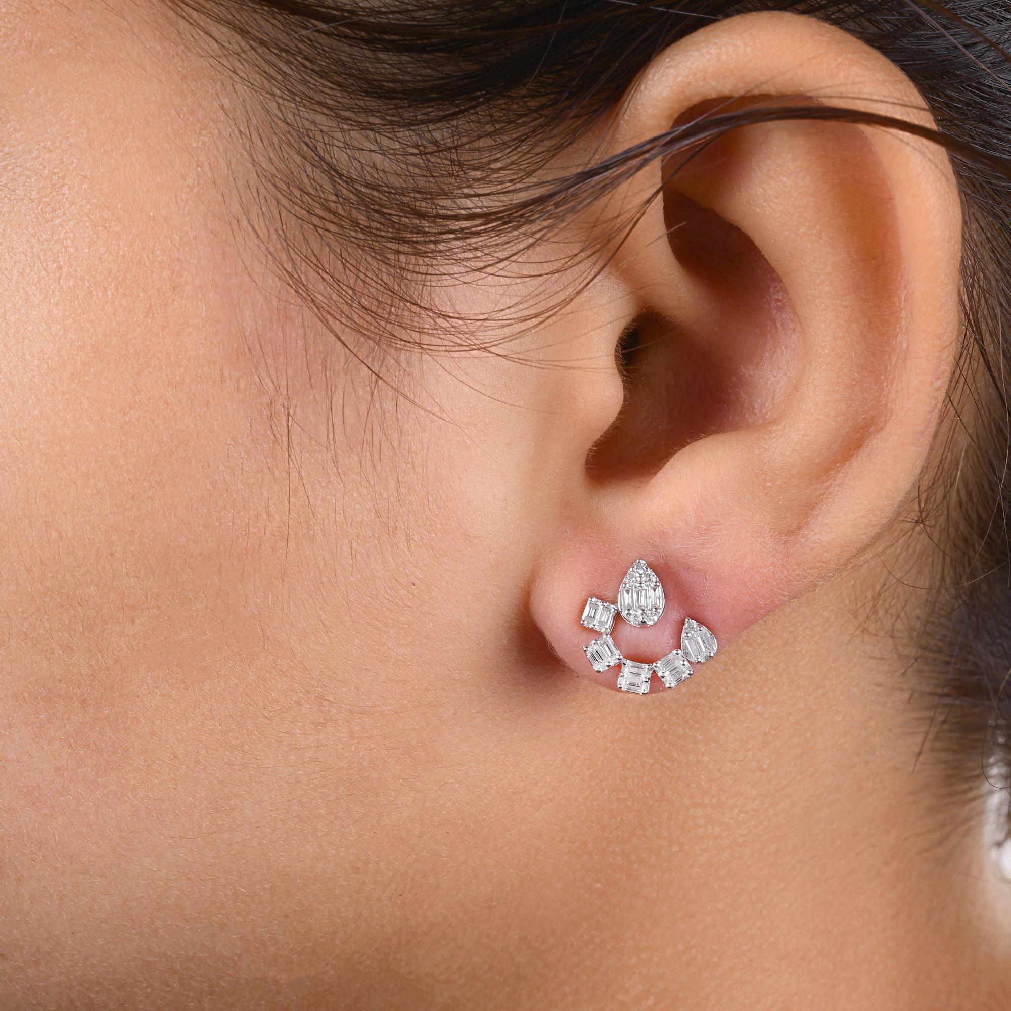 Baguette Cut Natural 0.56 Carat SI/H Baguette Round Diamond Earrings 14 Karat White Gold For Sale