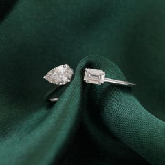 0.56 Ct Emerald Pear Diamond Toi et Moi Open Ring 18K White Gold Bypass