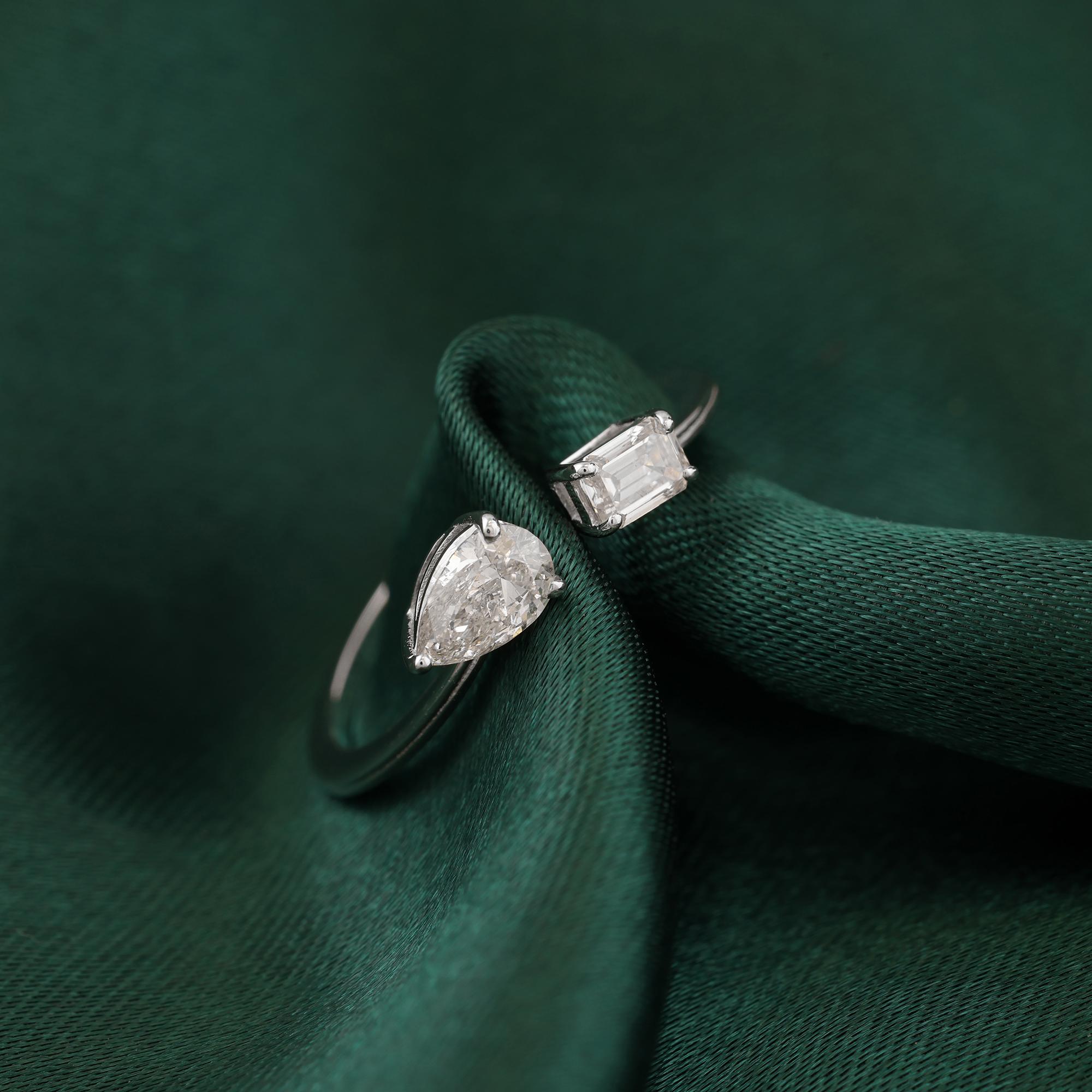 Modern Natural 0.56 Carat SI/H Pear Emerald Cut Diamond Cuff Ring 18 Karat White Gold For Sale